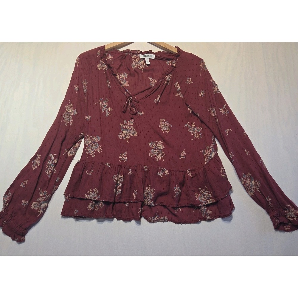 William Rast Womens Large Boho Peplum Blouse Burgundy Floral Beaded Ruffle Modal
